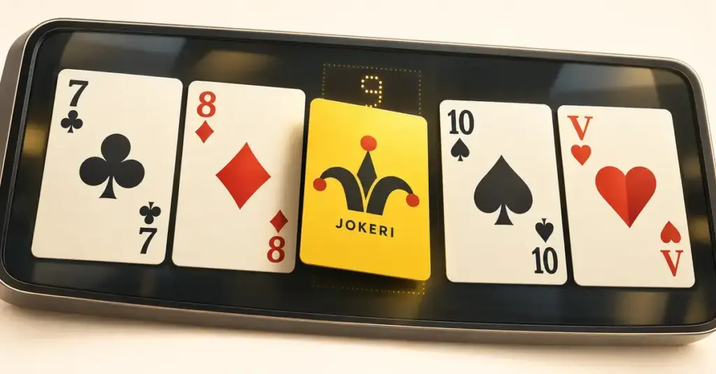 Keltainen jokerikortti korvaa yhdeksikön ja täydentää viiden kortin suoran videopokerin näytöllä.