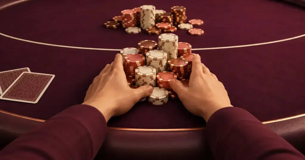 Pelaaja työntää kaikki pelimerkkinsä kohti pokeripöydän keskellä olevaa pottia all-in-panoksena.
